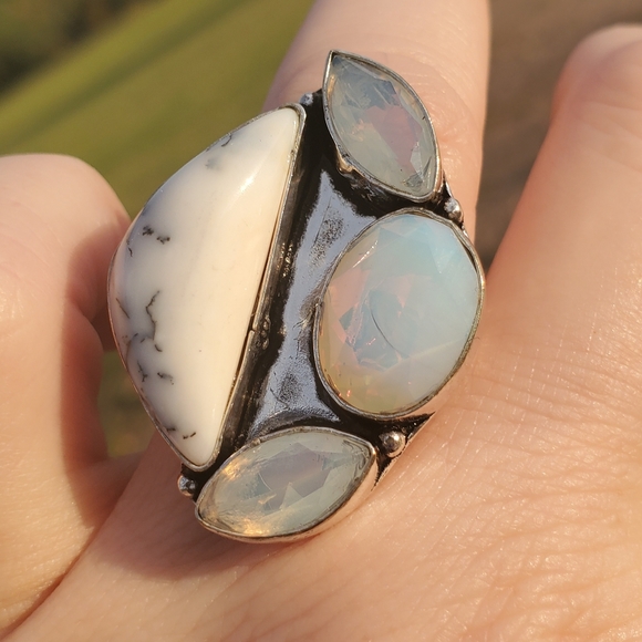 New Dendritic Opal and Milky Fire Opal 925 Silver Ring. - Picture 8 of 16